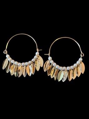 NIB Gold Hoop Earrings with Pearl Beads and Leaf Charms by